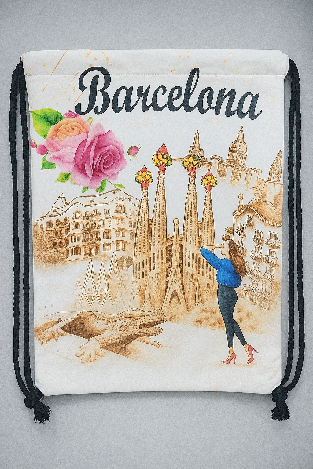 Souvenir Bag Featuring Barcelona Landmarks and Artwork