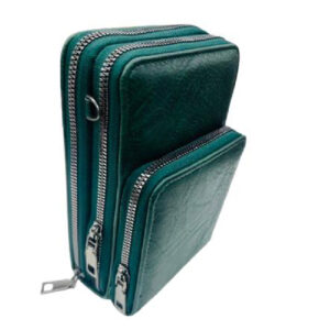 Green Leather Wallet with Multiple Zippers – Stylish & Functional